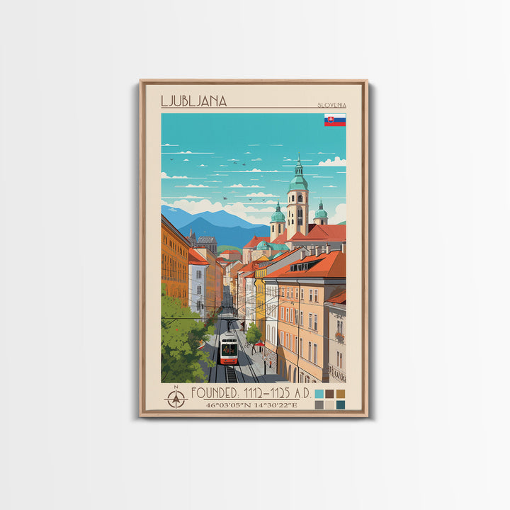 Ljubljana Slovenia Travel Poster Framed Canvas Print, Wall Decor, Midcentury Modern Art, Pop Art, Scenic Art for Bedroom and Living Room