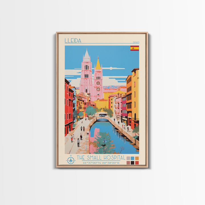Lleida Spain Travel Poster Framed Canvas Print, Midcentury Modern Art, Pop Art Wall Decor, Scenic Art, Living Room and Office Gift