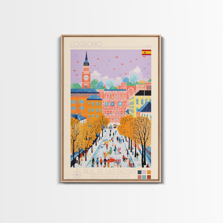 Logroño Spain Travel Poster Framed Canvas Print, Midcentury Modern Art, Pop Art Wall Decor, Scenic Art, Bedroom and Living Room Decor