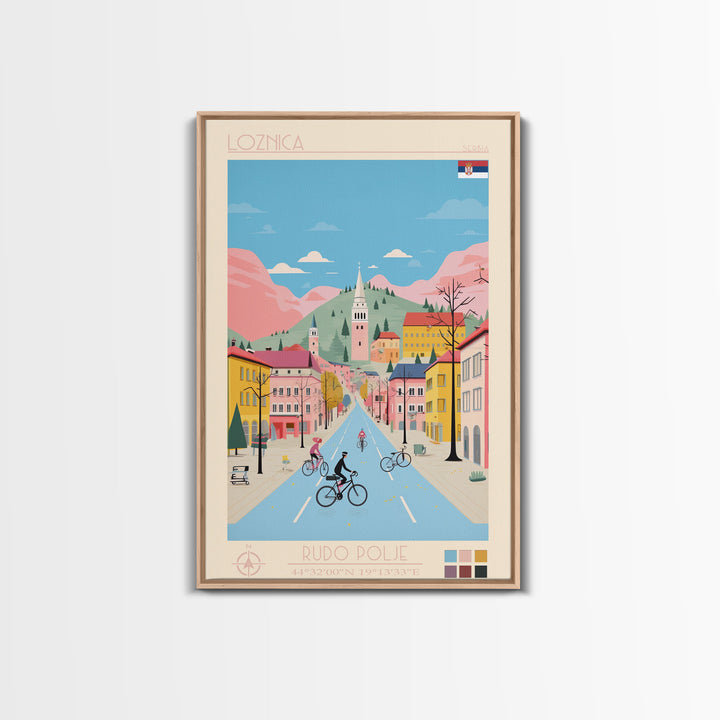 Loznica Serbia Travel Poster Framed Canvas Print, Midcentury Modern Art, Pop Art Wall Decor, Scenic Art, Home and Office Decoration