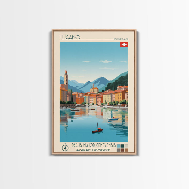 Lugano Switzerland Travel Poster Framed Canvas Print, Midcentury Modern Art, Pop Art Wall Decor, Scenic Art, Bedroom and Living Room Decor