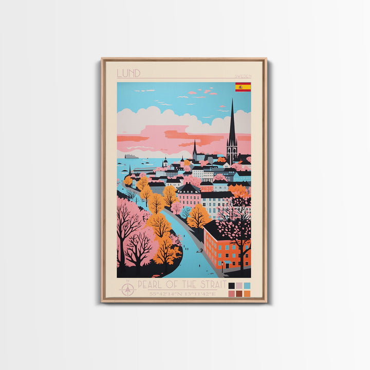 Lund Sweden Travel Poster Framed Canvas Print, Midcentury Modern Art, Pop Art Wall Decor, Scenic Art, Home and Office Decoration
