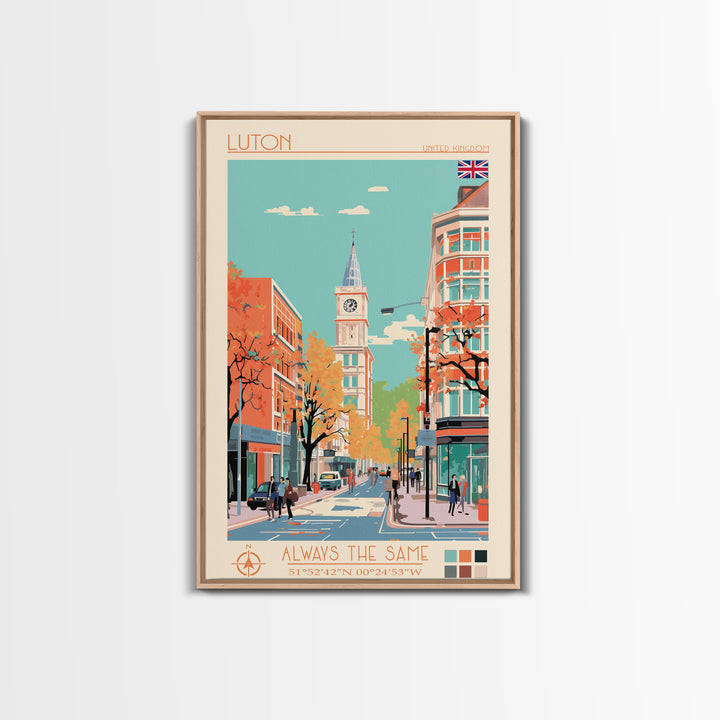 Luton United Kingdom Travel Poster Framed Canvas Print, Wall Decor, Midcentury Modern Art, Pop Art, Scenic Art for Living Room and Office