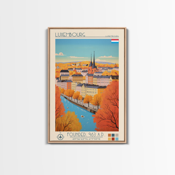 Luxembourg Luxembourg Travel Poster Framed Canvas Print, Midcentury Modern Art, Pop Art Wall Decor, Scenic Art, Bedroom and Living Room Decor