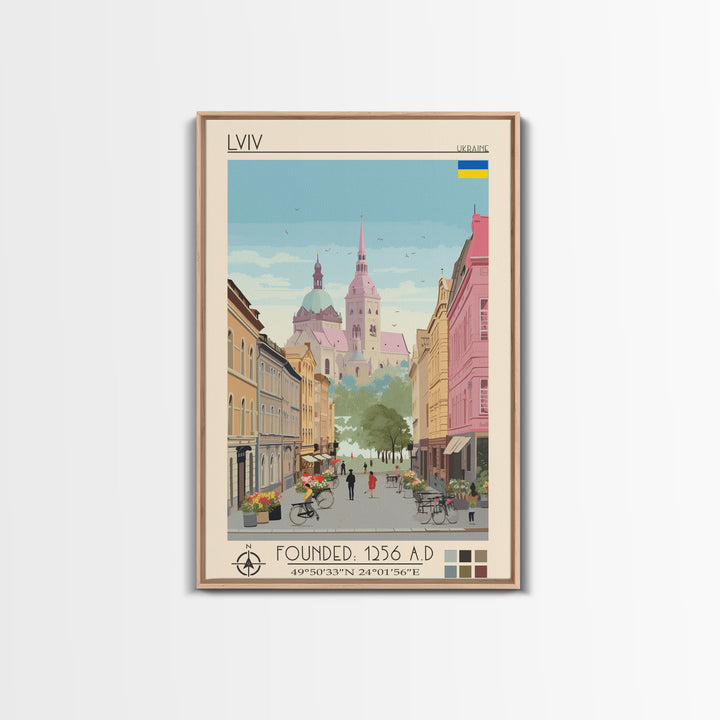 Lviv Ukraine Travel Poster Framed Canvas Print, Wall Decor, Midcentury Modern Art, Pop Art, Scenic Art for Home and Office