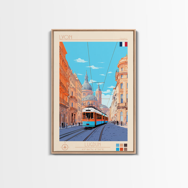 Lyon France Travel Poster Framed Canvas Print, Midcentury Modern Art, Pop Art Wall Decor, Scenic Bedroom Art, Office Decoration