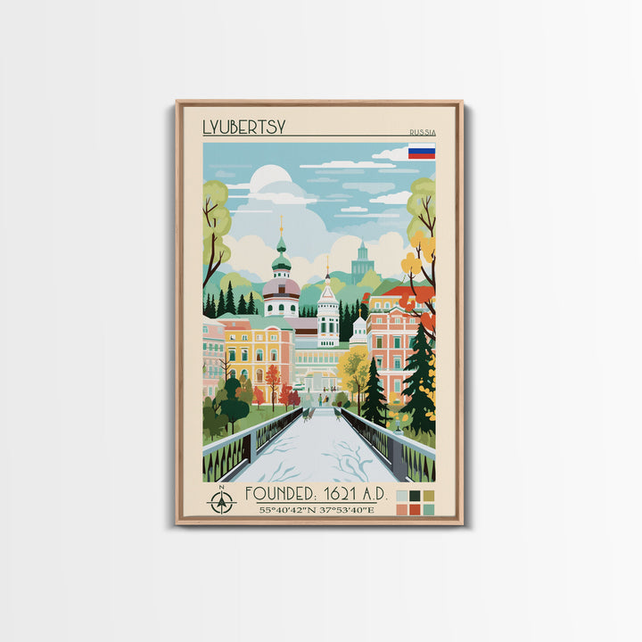 Lyubertsy Russia Travel Poster Framed Canvas Print, Midcentury Modern Art, Pop Art Wall Decor, Scenic Living Room Art, Bedroom Decor