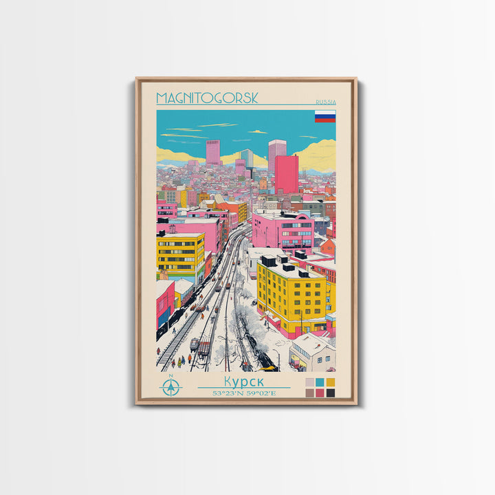 Magnitogorsk Russia Travel Poster Framed Canvas Print, Midcentury Modern Art, Pop Art Wall Decor, Scenic Living Room Art, Bedroom Gift