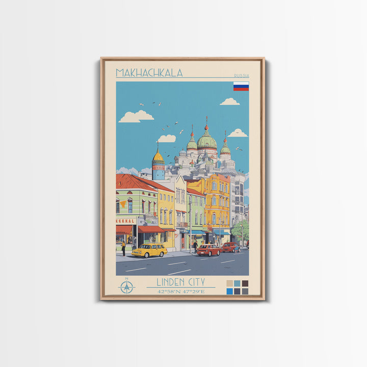 Makhachkala Russia Travel Poster Framed Canvas Print, Midcentury Modern Art, Pop Art Wall Decor, Scenic Wall Art, Living Room Decoration, Office Art
