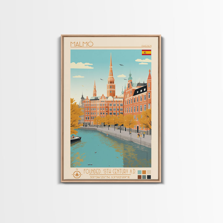 Malmö Sweden Travel Poster Framed Canvas Print, Midcentury Modern Art, Pop Art Wall Decor, Scenic Wall Art, Bedroom Decoration