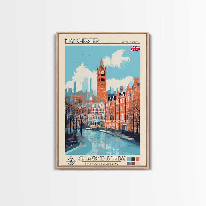 Manchester United Kingdom Travel Poster Framed Canvas Print, Midcentury Modern Art, Pop Art Wall Decor, Scenic Wall Art, Living Room Decoration, Office Art