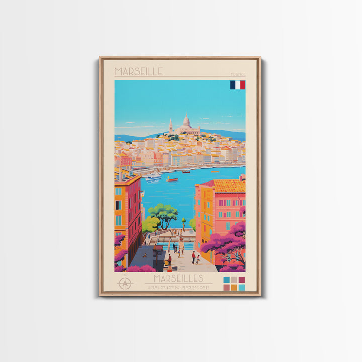 Marseille France Travel Poster Framed Canvas Print, Midcentury Modern Art, Pop Art Wall Decor, Scenic Living Room Art, Bedroom Gift
