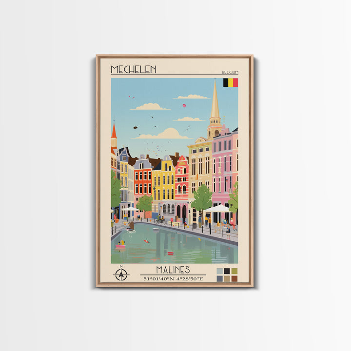 Mechelen Belgium Travel Poster Framed Canvas Print, Midcentury Modern Art, Pop Art Wall Decor, Home Decor, Vacation Gift, Bedroom Art