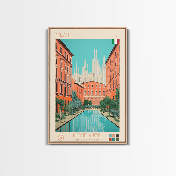 Milan Italy Travel Poster Framed Canvas Print, Midcentury Modern Art, Pop Art Wall Decor, Scenic Bedroom Art, Office Decoration