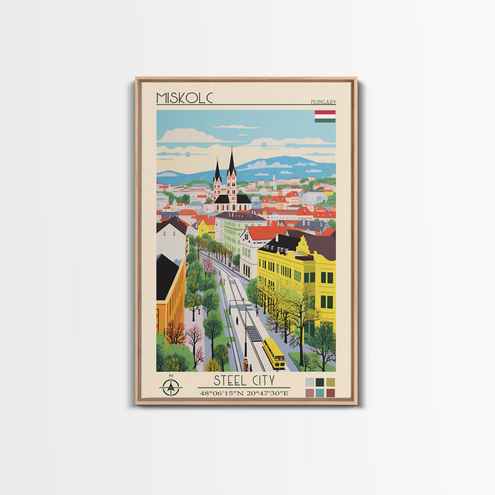 Miskolc Hungary Travel Poster Framed Canvas Print, Midcentury Modern Art, Pop Art Wall Decor, Scenic Living Room Art, Bedroom Decor