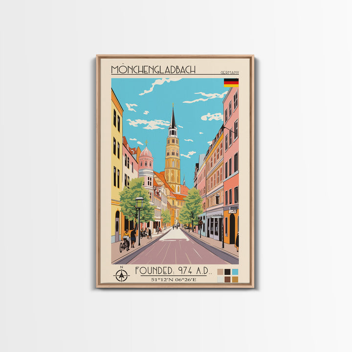 Mönchengladbach Germany Travel Poster Framed Canvas Print, Midcentury Modern Art, Pop Art Wall Decor, Scenic Living Room Art, Bedroom Gift