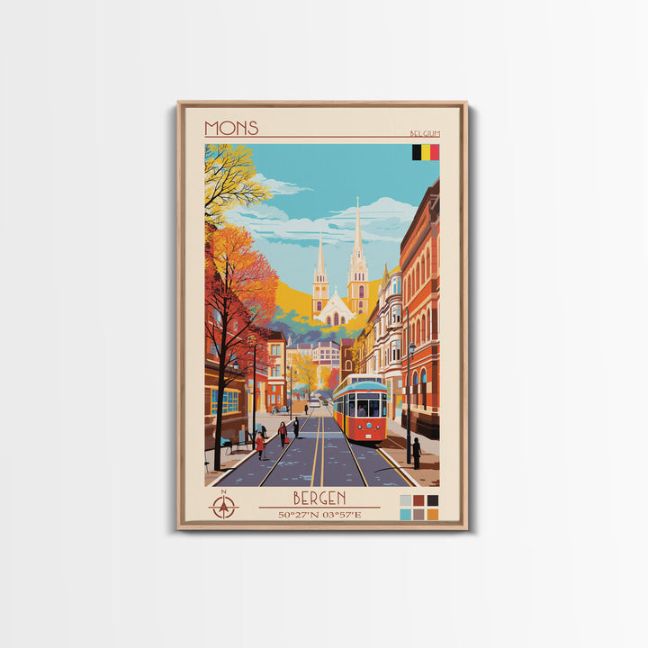 Mons Belgium Travel Poster Framed Canvas Print, Midcentury Modern Art, Pop Art Wall Decor, Home Decor, Vacation Gift, Office Art