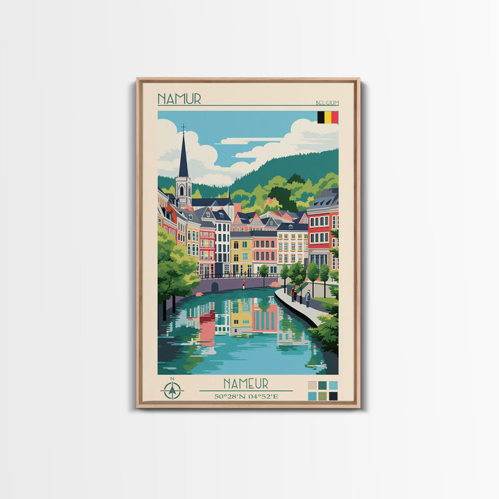 Namur Belgium Travel Poster Framed Canvas Print, Midcentury Modern Art, Pop Art Wall Decor, Scenic Wall Art, Living Room Decoration, Office Gift