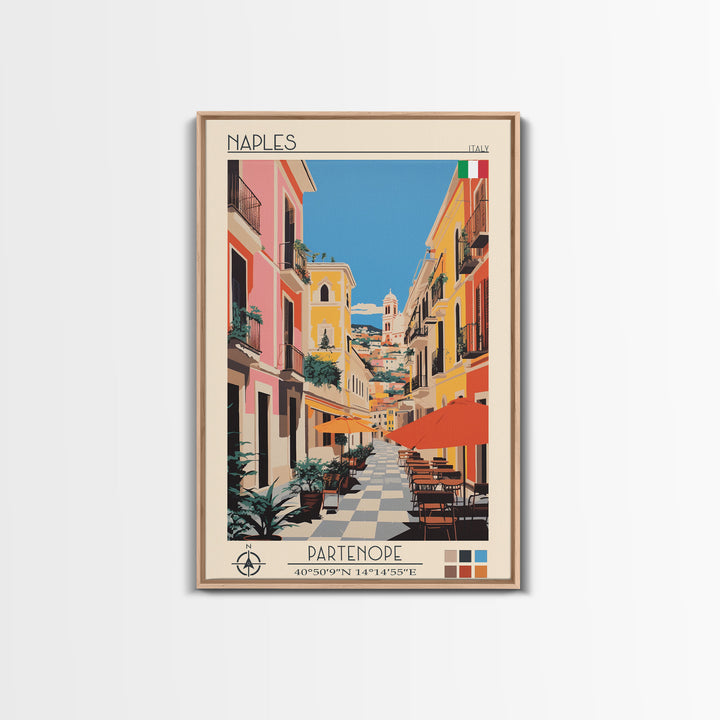 Naples Italy Travel Poster Framed Canvas Print, Midcentury Modern Art, Pop Art Wall Decor, Scenic Wall Art, Living Room Decoration, Office Art