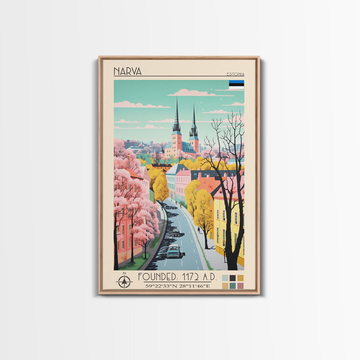 Narva Estonia Travel Poster Framed Canvas Print, Midcentury Modern Art, Pop Art Wall Decor, Scenic Bedroom Art, Office Decoration