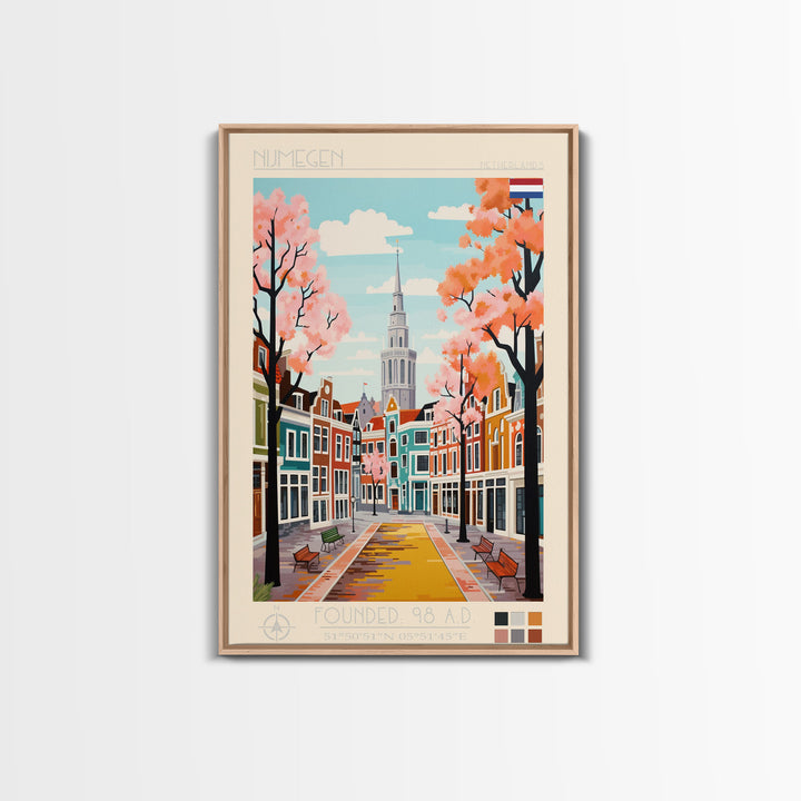 Nijmegen Netherlands Travel Poster Framed Canvas Print, Midcentury Modern Art, Pop Art Wall Decor, Scenic Living Room Art, Bedroom Gift