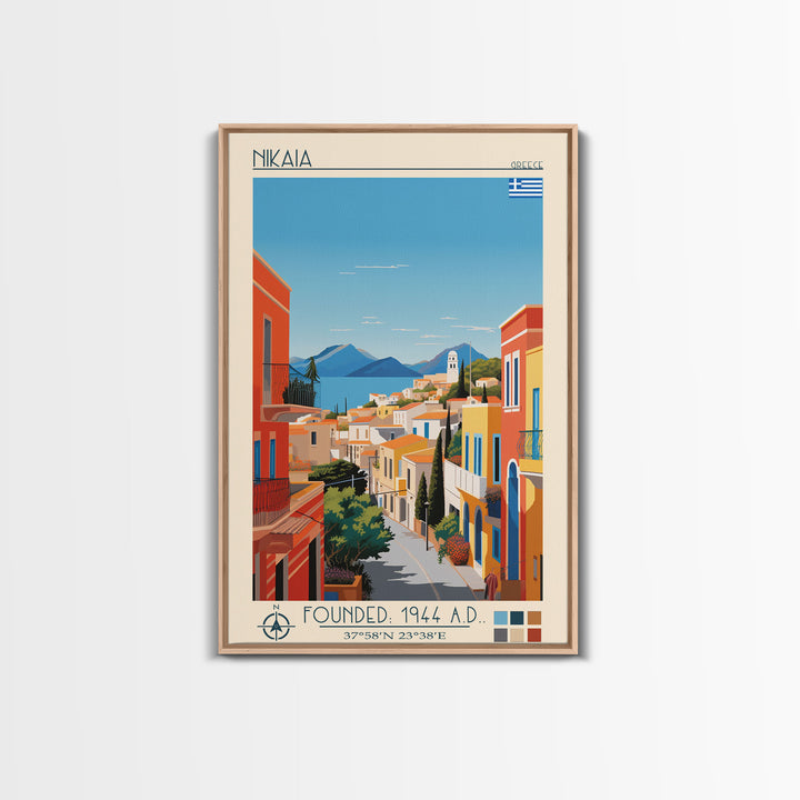 Nikaia Greece Travel Poster Framed Canvas Print, Midcentury Modern Art, Pop Art Wall Decor, Scenic Wall Art, Living Room Decoration, Office Art