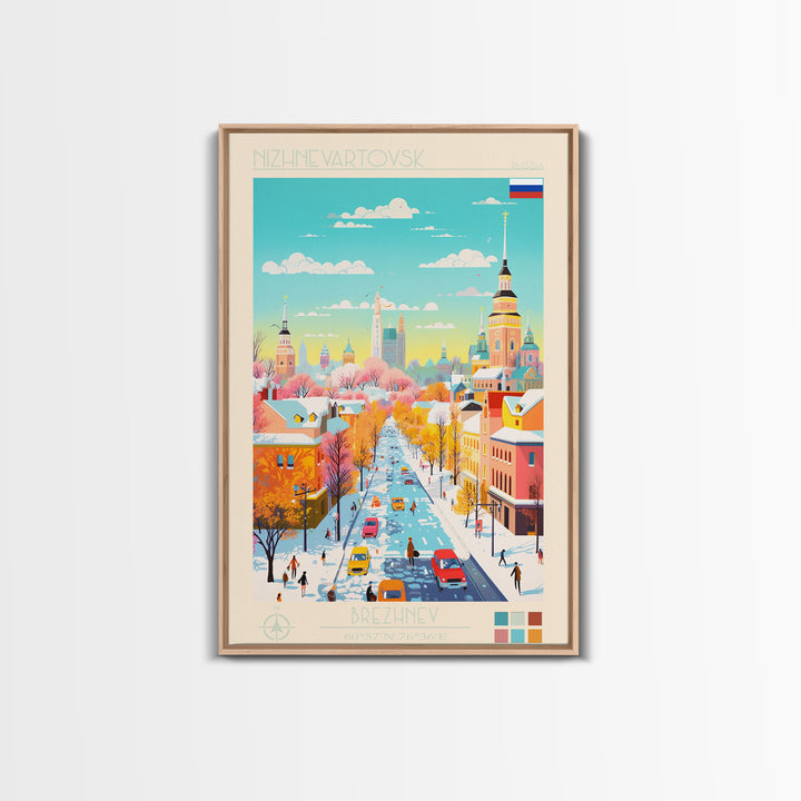 Nizhnevartovsk Russia Travel Poster Framed Canvas Print, Midcentury Modern Art, Pop Art Wall Decor, Scenic Wall Art, Living Room Decoration, Office Art