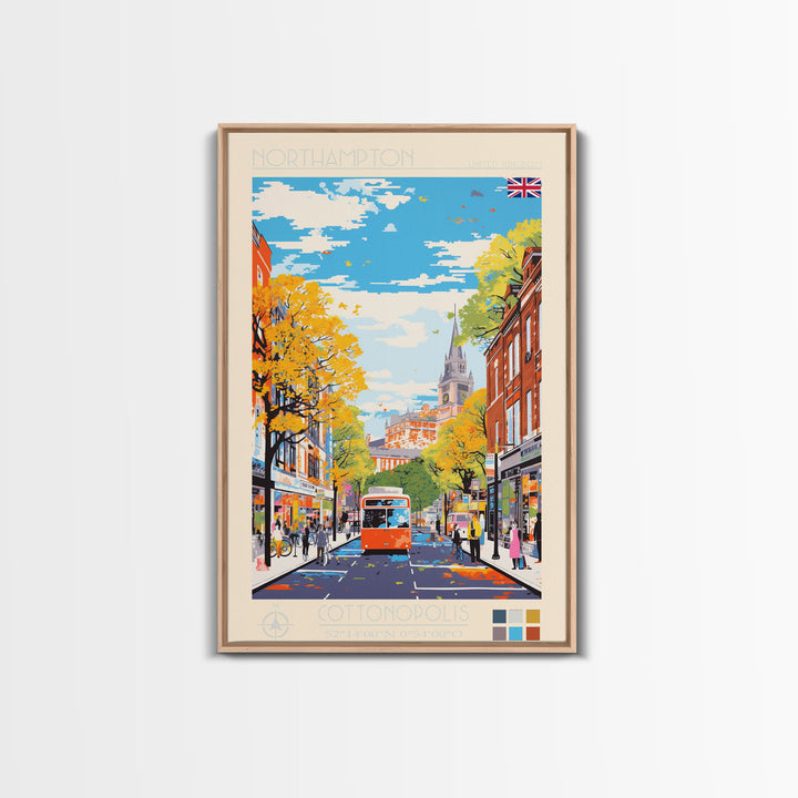 Northampton United Kingdom Travel Poster Framed Canvas Print, Midcentury Modern Art, Pop Art Wall Decor, Scenic Living Room Art, Bedroom Gift