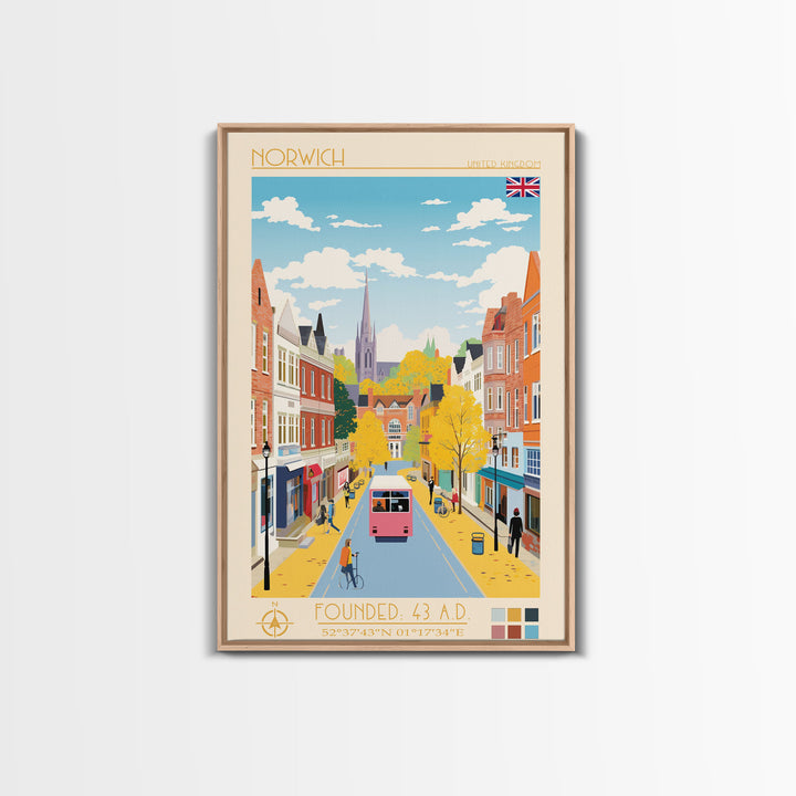 Norwich United Kingdom Travel Poster Framed Canvas Print, Midcentury Modern Art, Pop Art Wall Decor, Scenic Wall Art, Living Room Decoration, Office Art