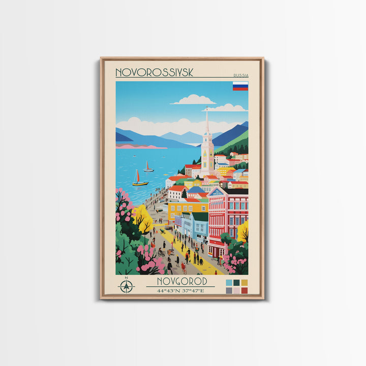 Novorossiysk Russia Travel Poster Framed Canvas Print, Midcentury Modern Art, Pop Art Wall Decor, Scenic Bedroom Art, Office Decoration