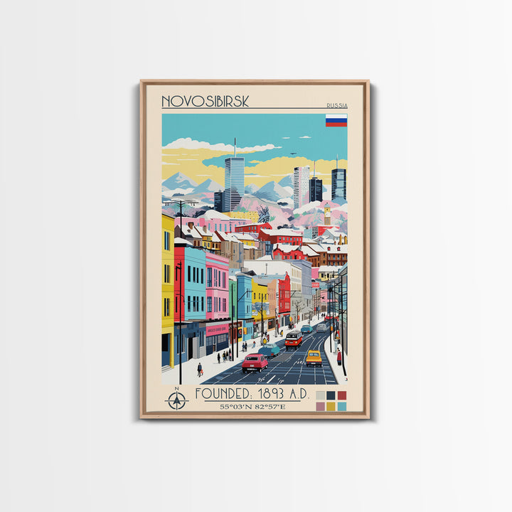 Novosibirsk Russia Travel Poster Framed Canvas Print, Midcentury Modern Art, Pop Art Wall Decor, Scenic Living Room Art, Bedroom Decor