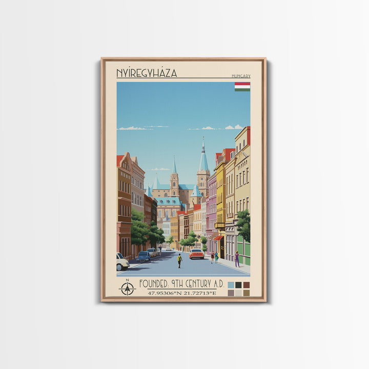 Nyíregyháza Hungary Travel Poster Framed Canvas Print, Midcentury Modern Art, Pop Art Wall Decor, Home Decor, Vacation Gift, Office Art