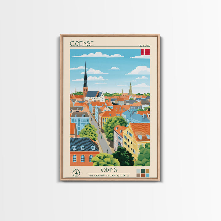 Odense Denmark Travel Poster Framed Canvas Print, Midcentury Modern Art, Pop Art Wall Decor, Scenic Wall Art, Living Room Decoration, Office Art