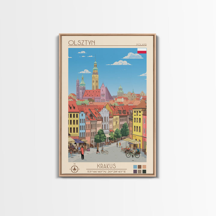 Olsztyn Poland Travel Poster Framed Canvas Print, Midcentury Modern Art, Pop Art Wall Decor, Scenic Wall Art, Bedroom Decoration