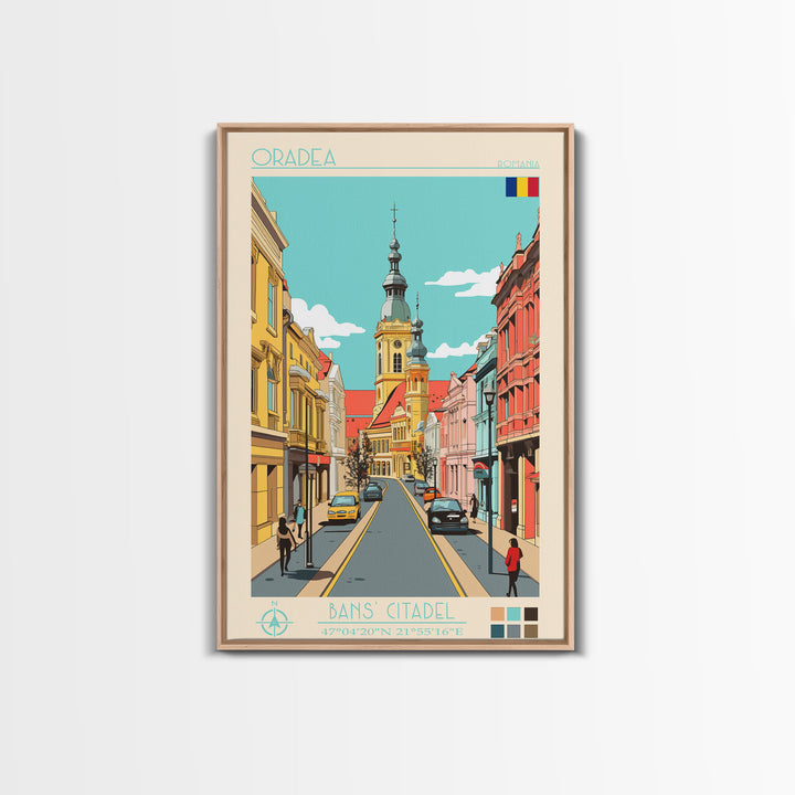 Oradea Romania Travel Poster Framed Canvas Print, Midcentury Modern Art, Pop Art Wall Decor, Scenic Bedroom Art, Office Decoration