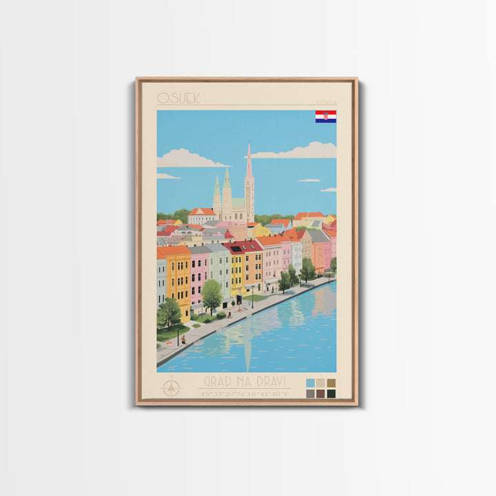 Osijek Croatia Travel Poster Framed Canvas Print, Midcentury Modern Art, Pop Art Wall Decor, Home Decor, Vacation Gift, Office Art