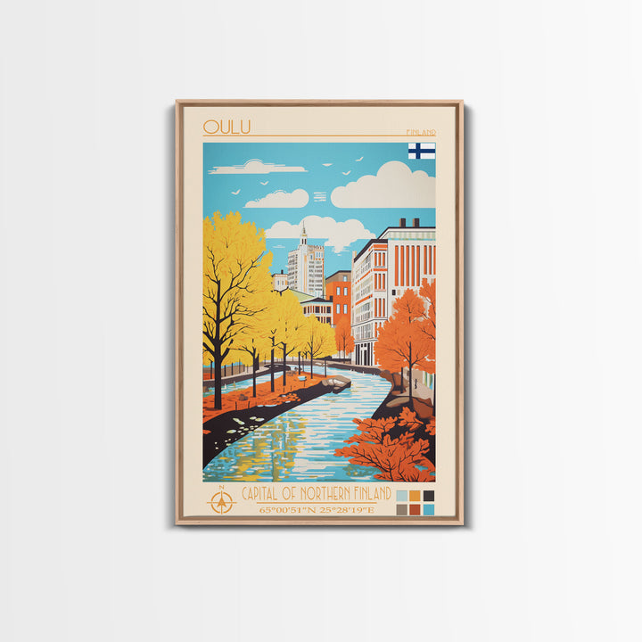 Oulu Finland Travel Poster Framed Canvas Print, Midcentury Modern Art, Pop Art Wall Decor, Scenic Wall Art, Living Room Decoration, Office Gift