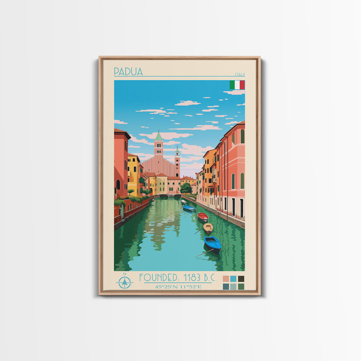 Padua Italy Travel Poster Framed Canvas Print, Midcentury Modern Art, Pop Art Wall Decor, Scenic Bedroom Art, Office Decoration