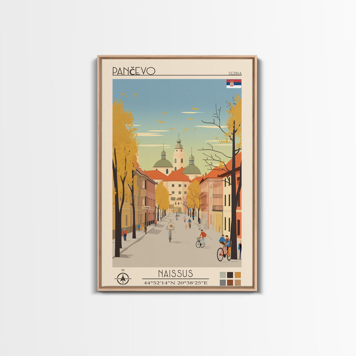 Pančevo Serbia Travel Poster Framed Canvas Print, Midcentury Modern Art, Pop Art Wall Decor, Scenic Wall Art, Living Room Decoration, Office Art