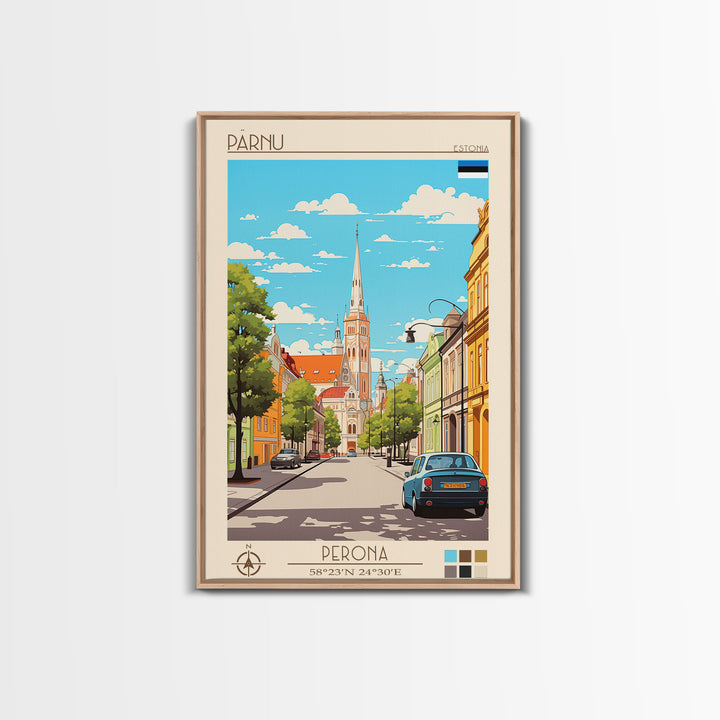Pärnu Estonia Travel Poster Framed Canvas Print, Midcentury Modern Art, Pop Art Wall Decor, Scenic Wall Art, Bedroom Decoration