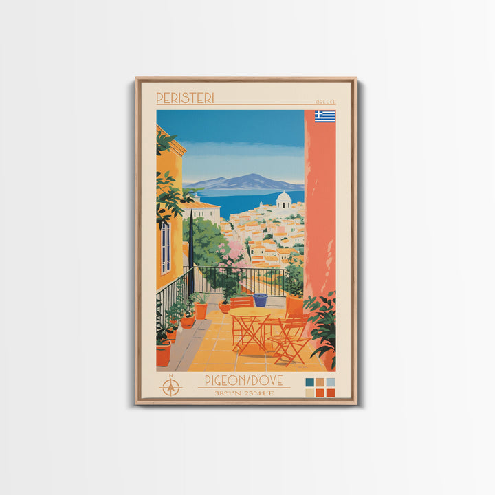 Peristeri Greece Travel Poster Framed Canvas Print, Midcentury Modern Art, Pop Art Wall Decor, Scenic Bedroom Art, Office Decoration