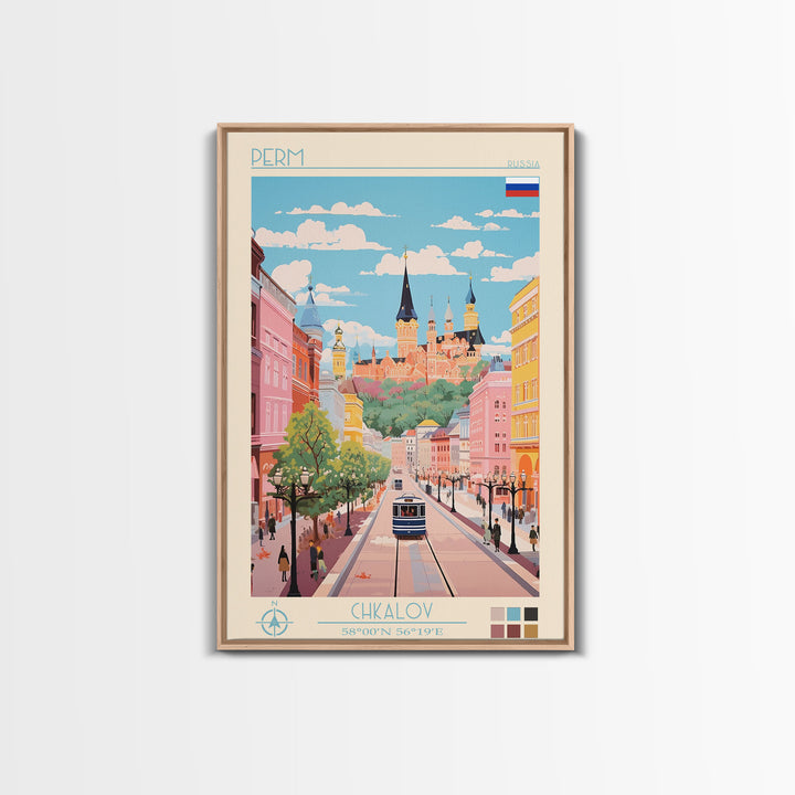 Perm Russia Travel Poster Framed Canvas Print, Midcentury Modern Art, Pop Art Wall Decor, Scenic Living Room Art, Bedroom Decor