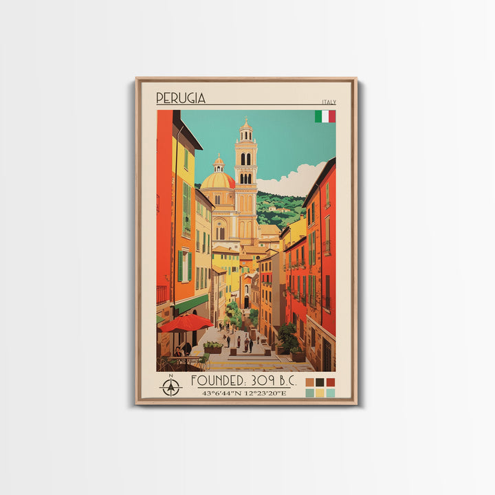 Perugia Italy Travel Poster Framed Canvas Print, Vintage Style, Pop Art Home Decor, Scenic Wall Art, Bedroom Decoration, Office Gift