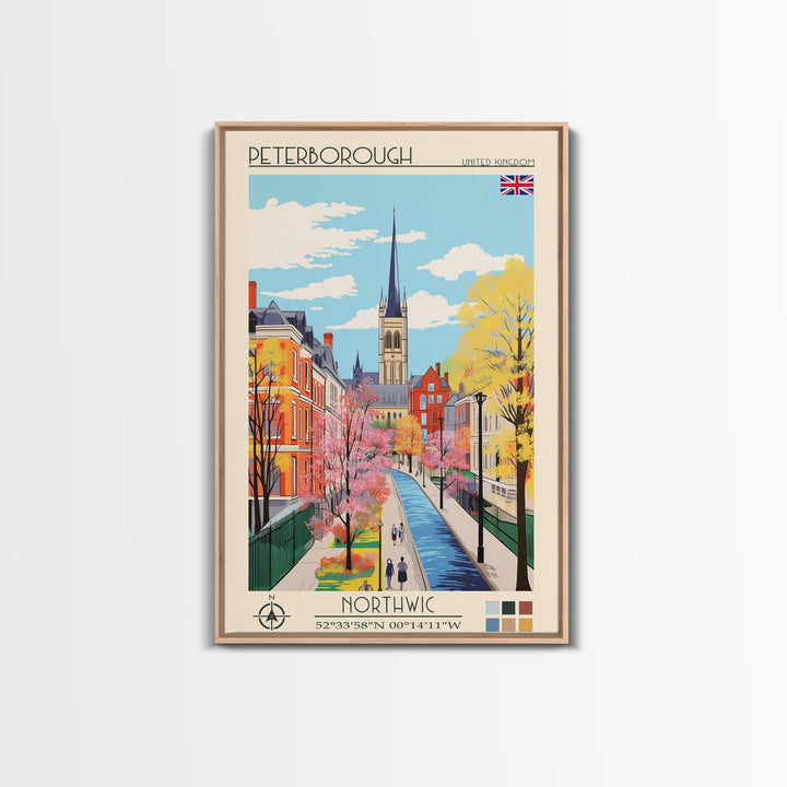 Peterborough United Kingdom Travel Poster Framed Canvas Print, Midcentury Modern Art, Pop Art Wall Decor, Home Decor, Vacation Gift, Office Art