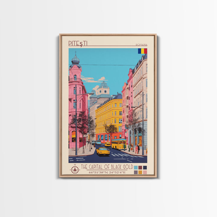 Pitești Romania Travel Poster Framed Canvas Print, Midcentury Modern Art, Pop Art Wall Decor, Home Decor, Vacation Gift, Bedroom Art
