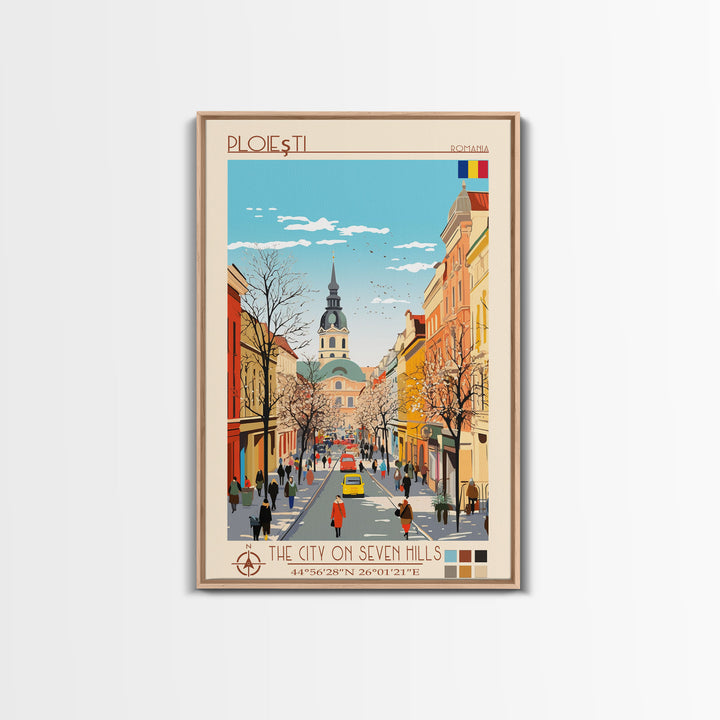 Ploiești Romania Travel Poster Framed Canvas Print, Midcentury Modern Art, Pop Art Wall Decor, Scenic Wall Art, Bedroom Decoration