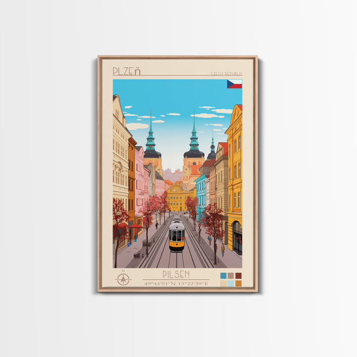 Plzeň Czech Republic Travel Poster Framed Canvas Print, Midcentury Modern Art, Pop Art Wall Decor, Scenic Living Room Art, Bedroom Decor