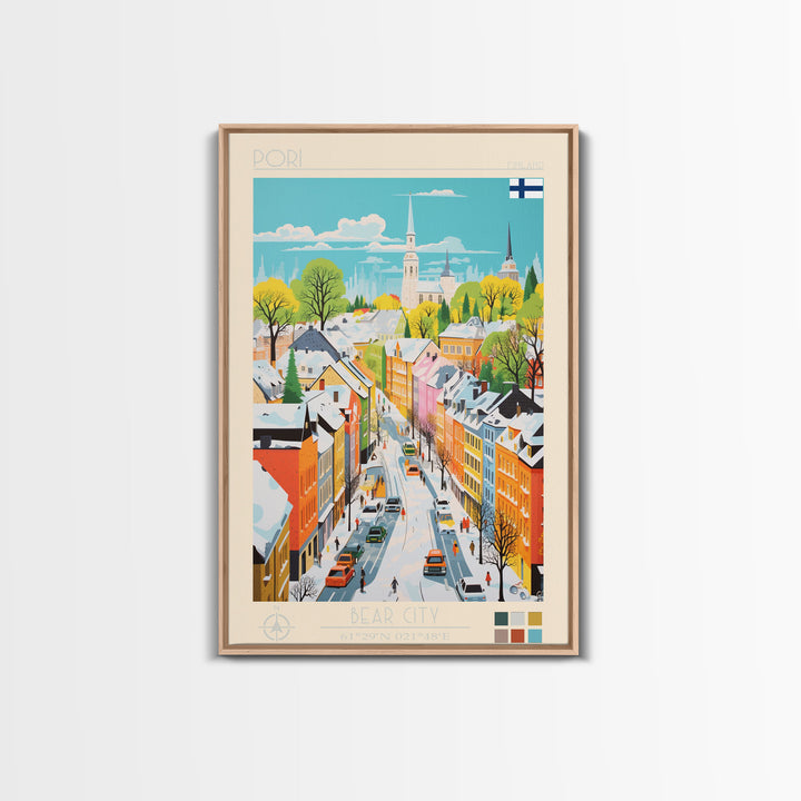 Pori Finland Travel Poster Framed Canvas Print, Midcentury Modern Art, Pop Art Wall Decor, Home Decor, Vacation Gift, Bedroom Art