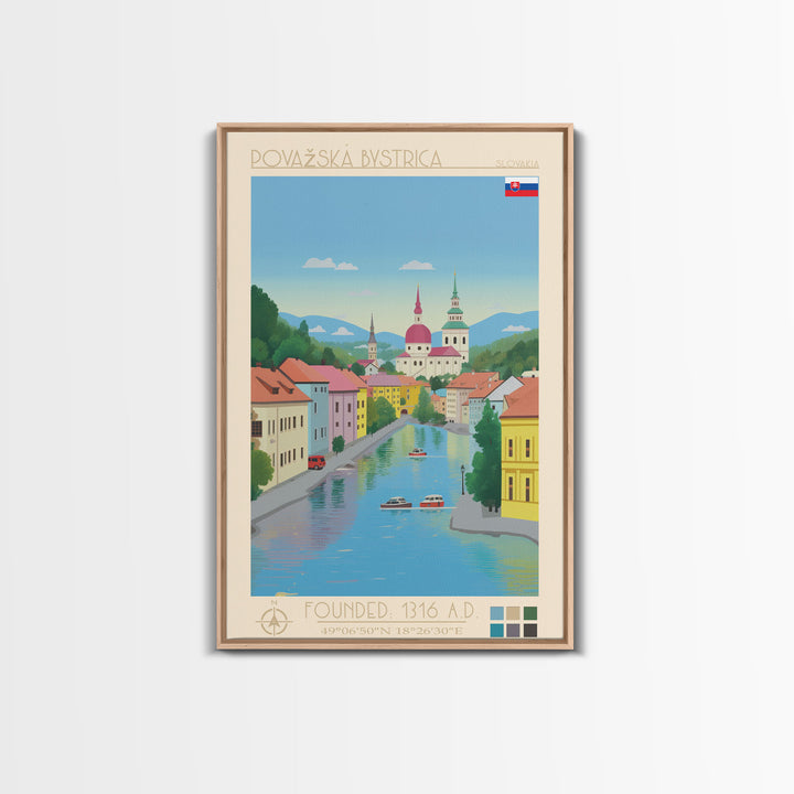 Považská Bystrica Slovakia Travel Poster Framed Canvas Print, Midcentury Modern Art, Pop Art Wall Decor, Scenic Wall Art, Living Room Decoration, Office Art