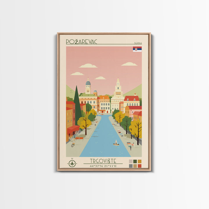 Požarevac Serbia Travel Poster Framed Canvas Print, Midcentury Modern Art, Pop Art Wall Decor, Scenic Living Room Art, Bedroom Decor